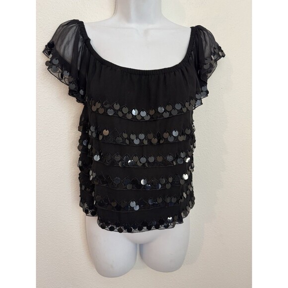 Vintage Cache Silk Beaded Ruffle Flutter Sleeve Blouse Size 10 Y2k Fairygoth - Picture 1 of 5